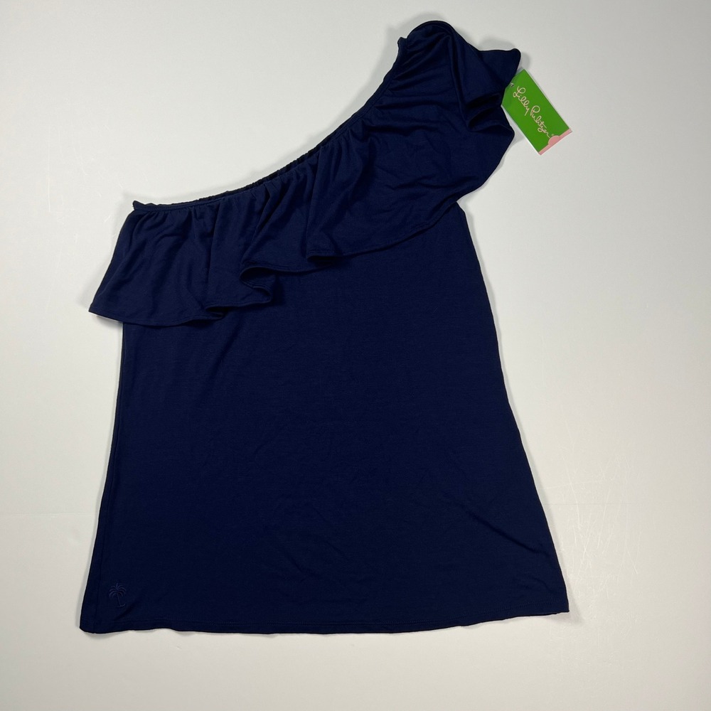 Lilly Pulitzer Nevaeh Top Women Size M True Navy‎ One Shoulder Ruffle NWT